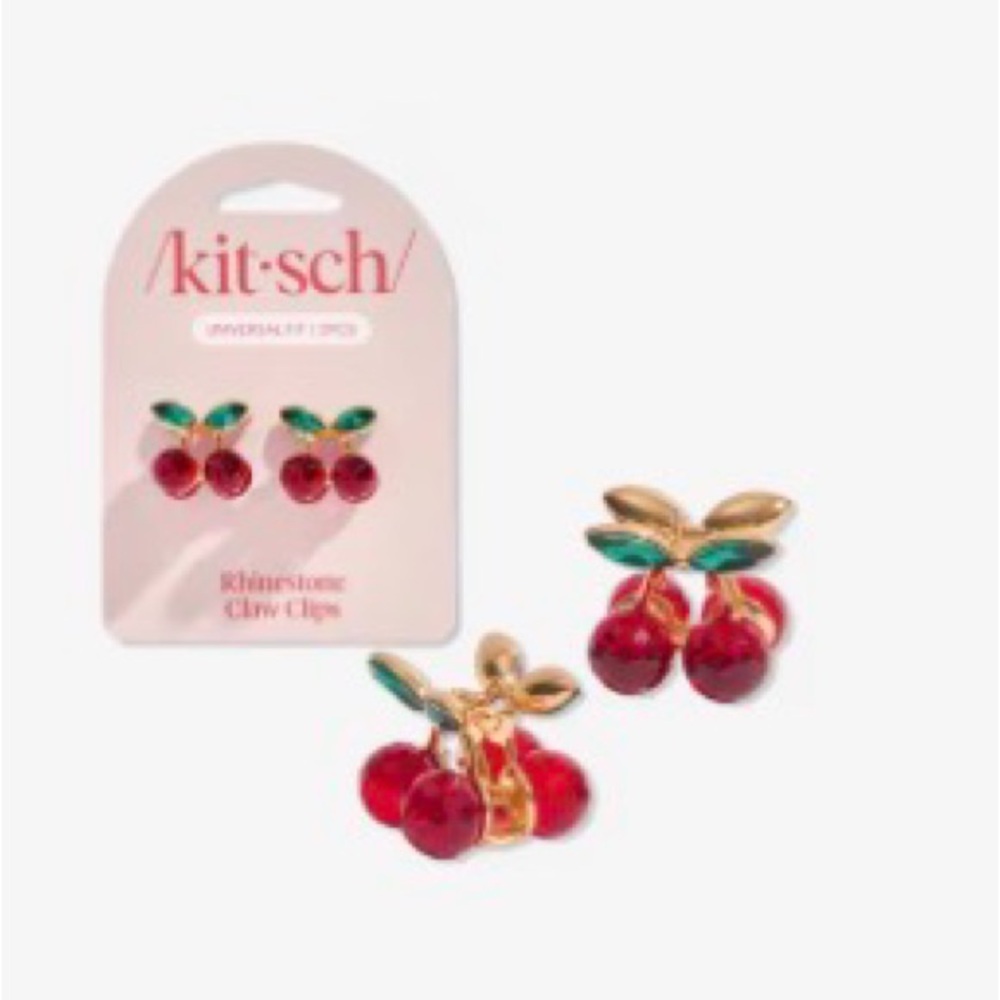 Kitsch Kids Red Cherry Rhinestone Clip Clips with Green Leaves